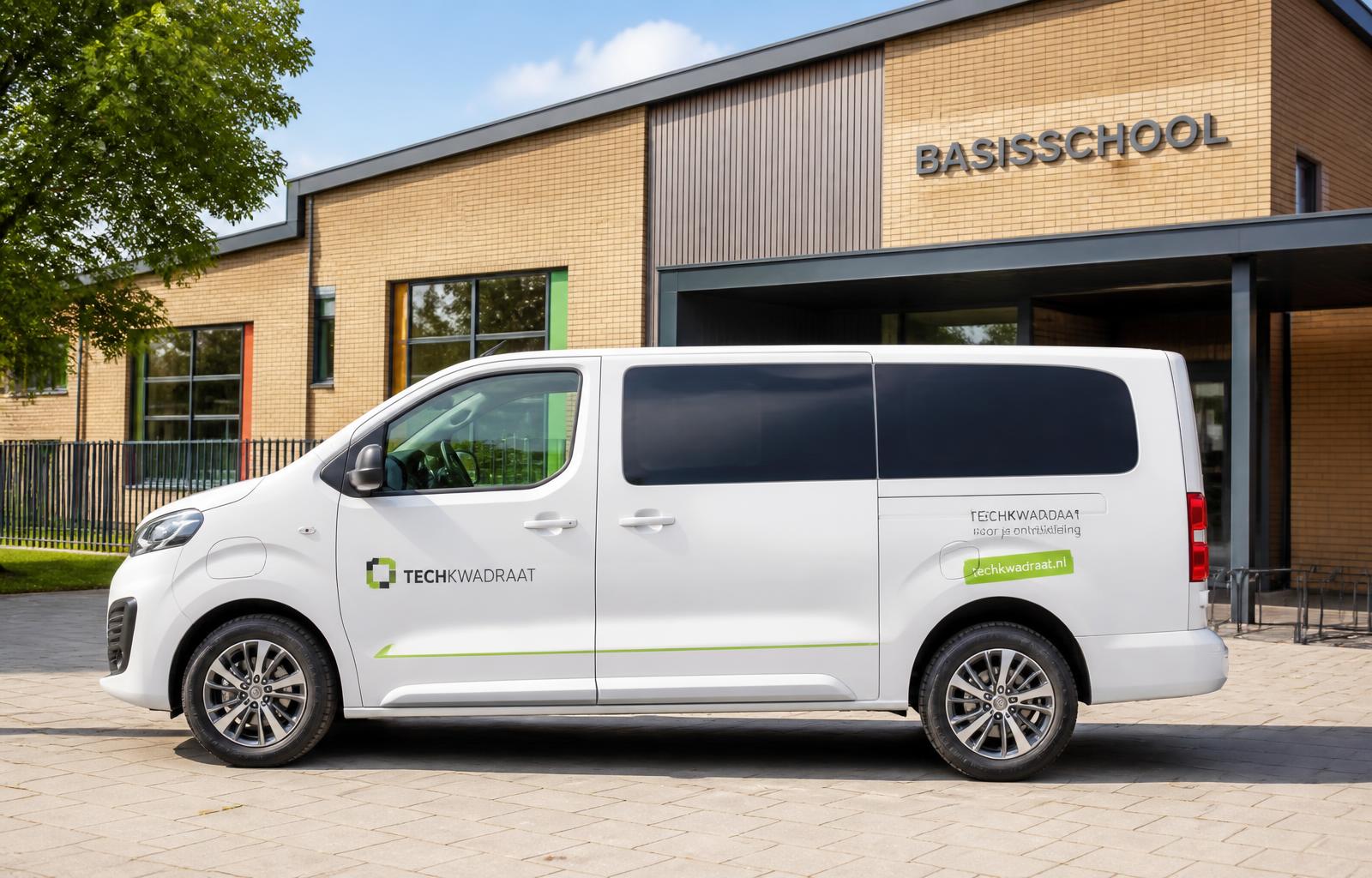 Witte Toyota Techbox-bus voor een basisschool, met leskisten in de laadruimte